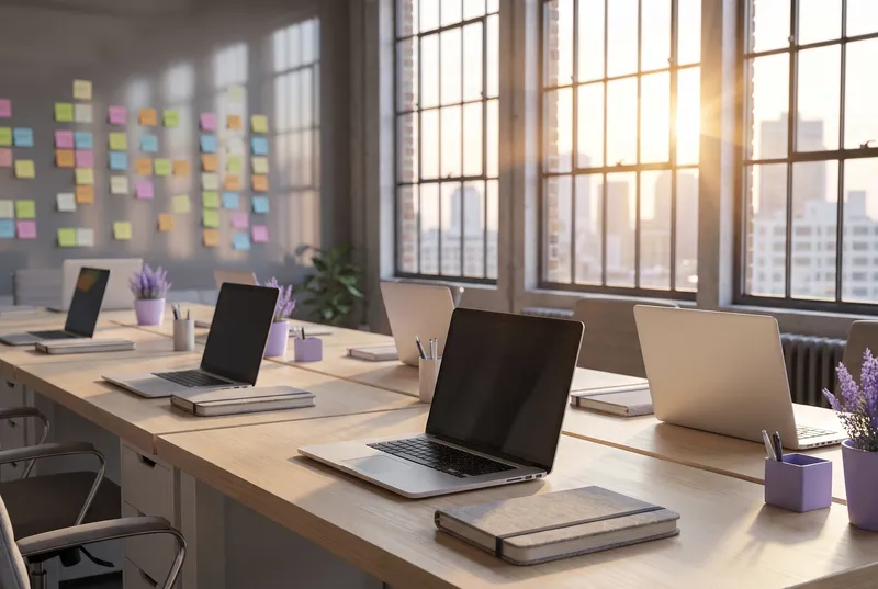 Рабочее пространство стартапов на рассвете (дизайн-образ)